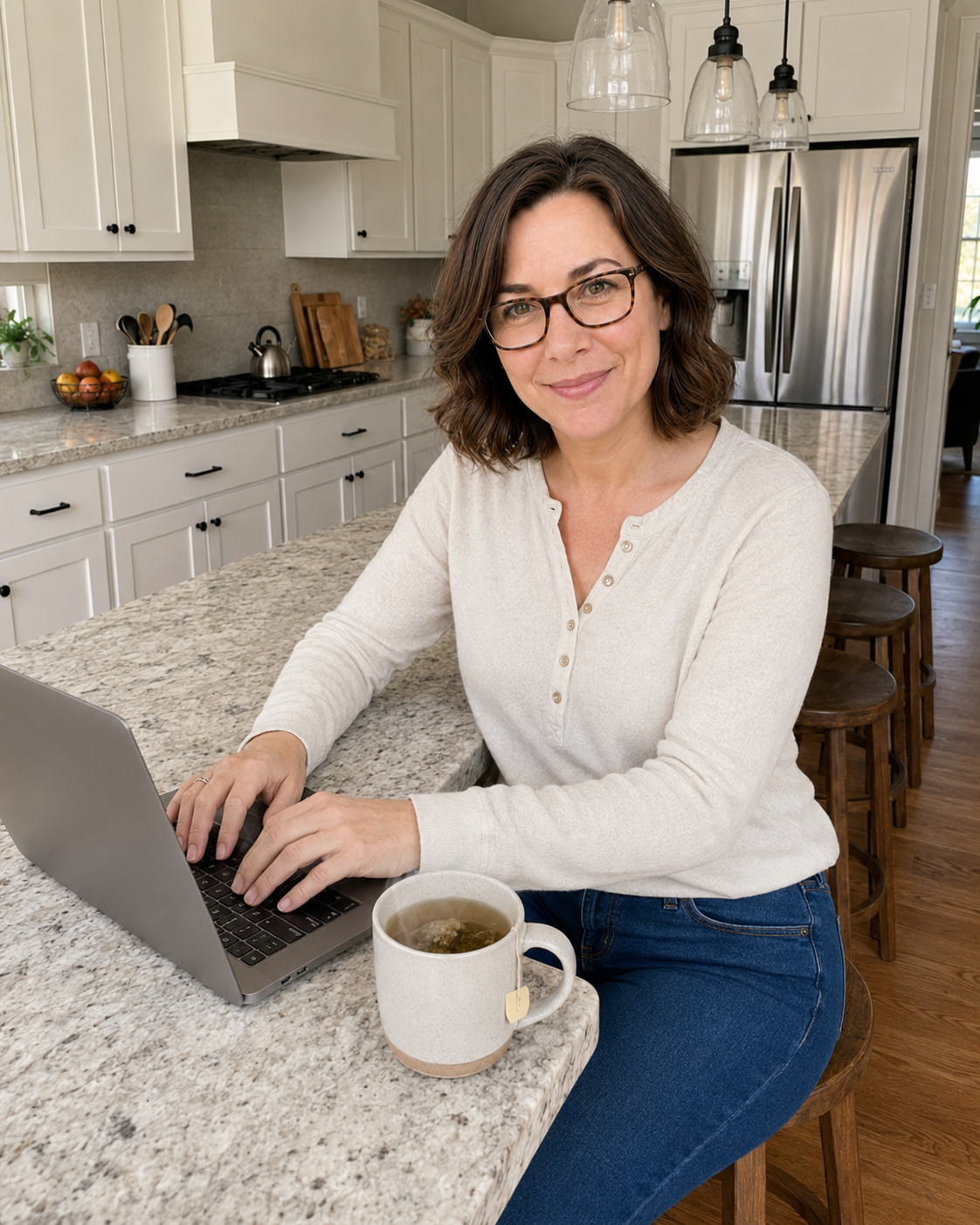 Diana working on her laptop at the kitchen counter